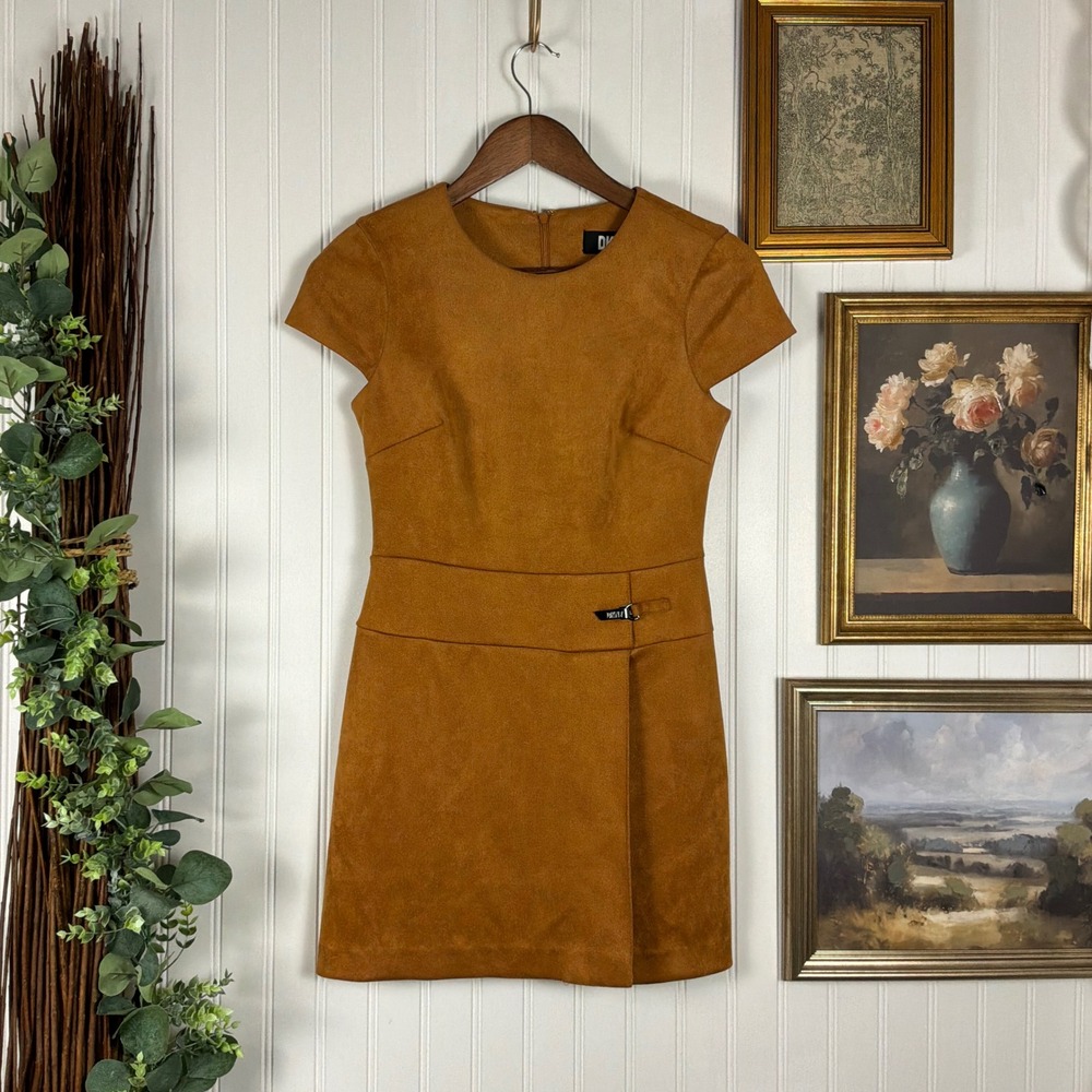 DKNY Faux Suede Sheath Dress Womens 2P Brown Excellent Short Sleeve Faux Suede